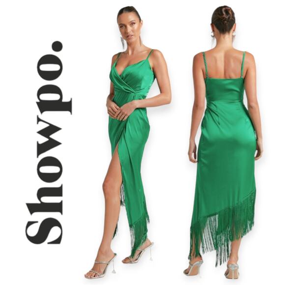 Showpo. Dresses & Skirts - Showpo | Size 12 | Rholie Emerald Midi Plunge Neck Fringe Hem Fixed Wrap Dress